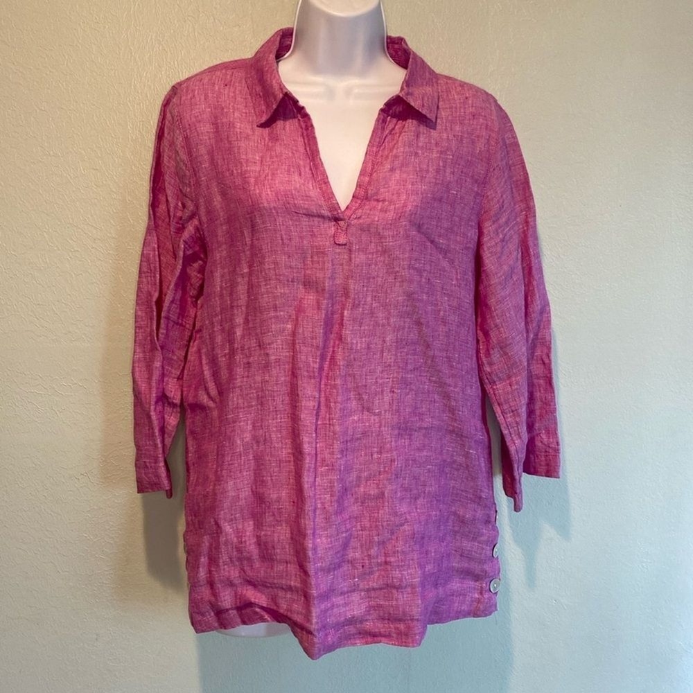 Tahari 100% Linen Pink V Neck Collar Tunic, quarter sleeve‎ shirt, M Breathable
